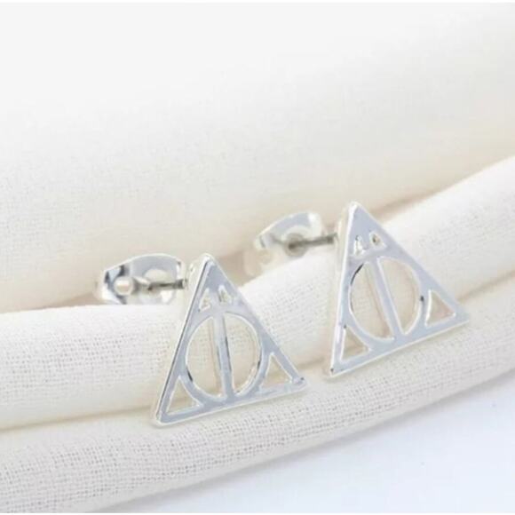 Harry Potter Deathly Hallows triangle earrings silver tone post earrings - Picture 2 of 2